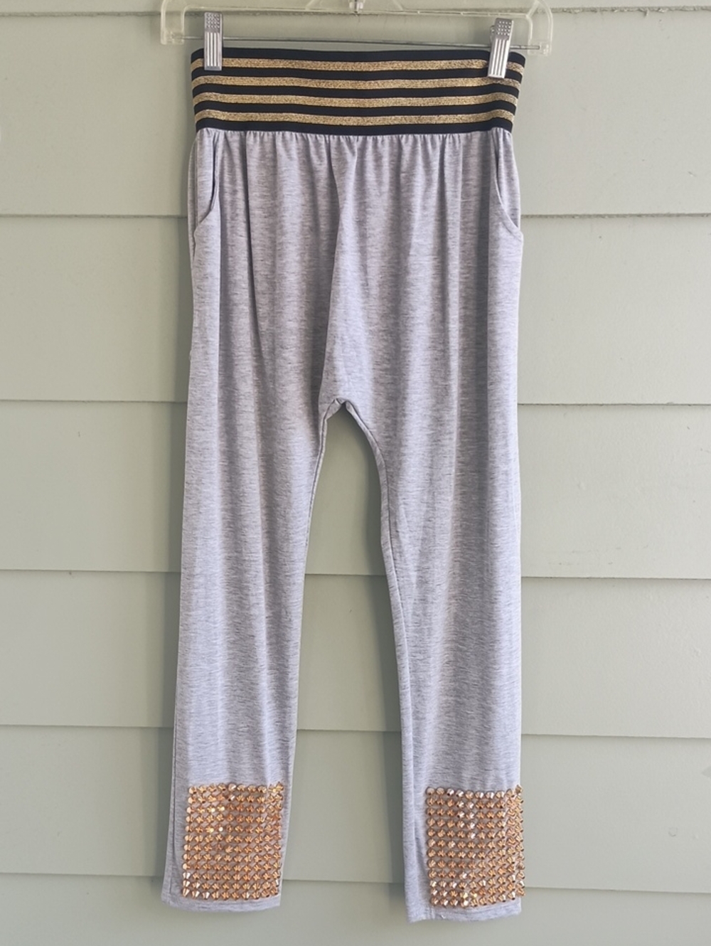 Light Gray Womens Lounge Leggings Pajama Pants with Gold Metallic Waist & Studs